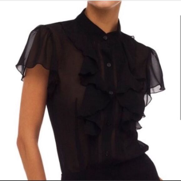 Norma Kamali Black Sheer Ruffle Blouse - Picture 1 of 9